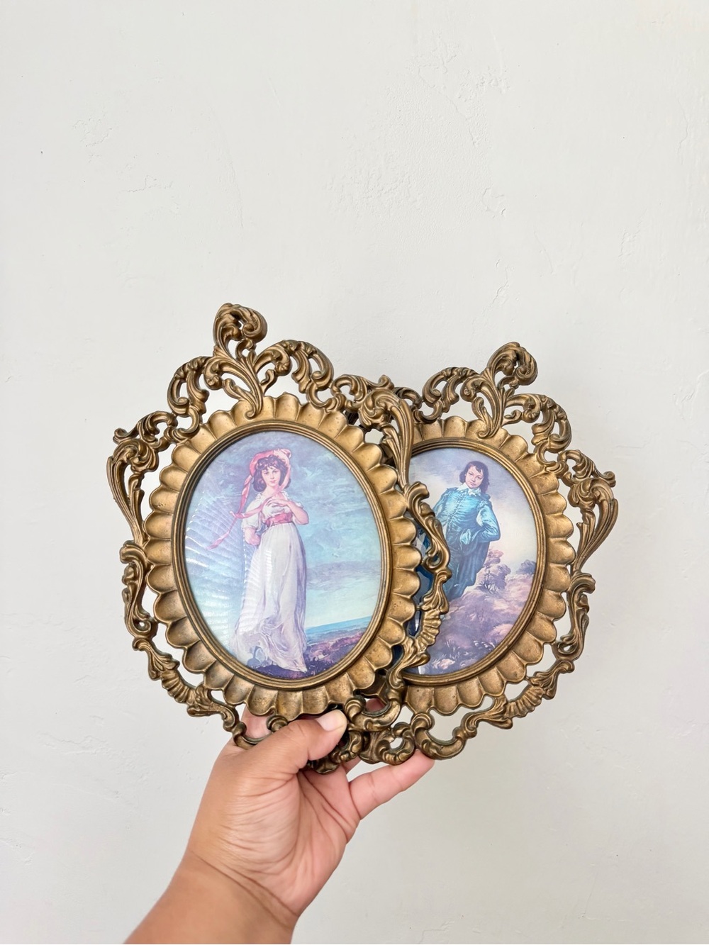 Vintage Blue Boy & Pinkie in Ornate Gold Frame Made in Italy Convex Glass